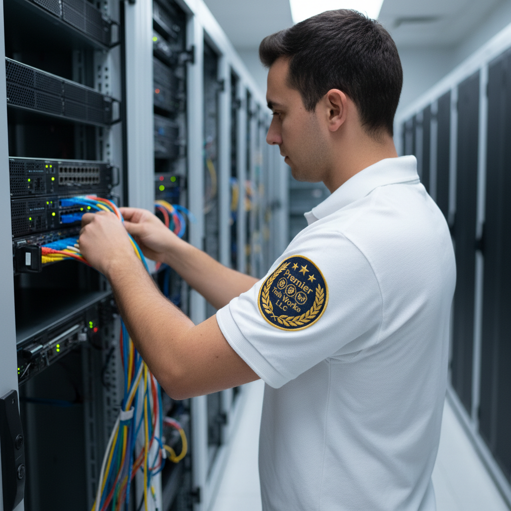 IT technician installing network rack and ethernet cables