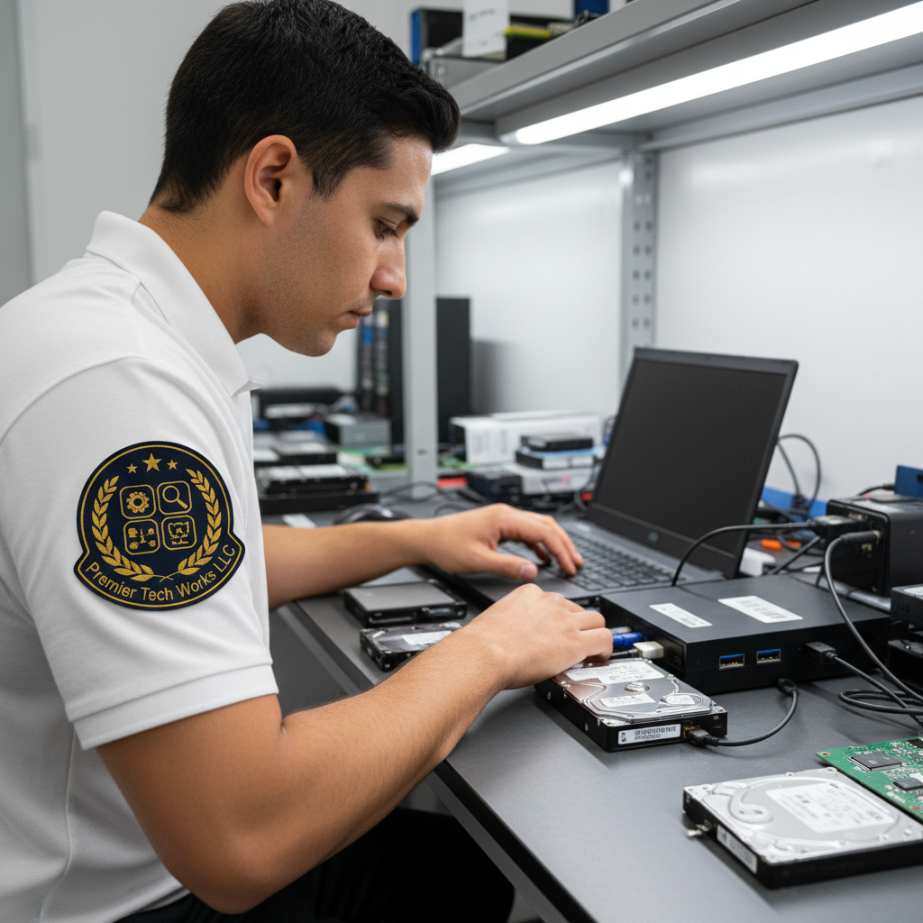 Technician recovering data from a hard drive using a USB docking station