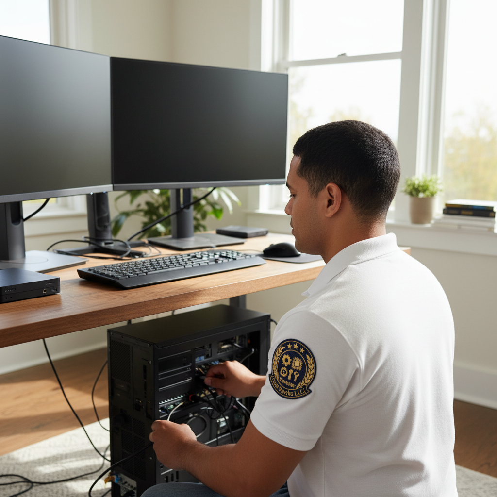 Technician setting up a home office workstation with dual monitors