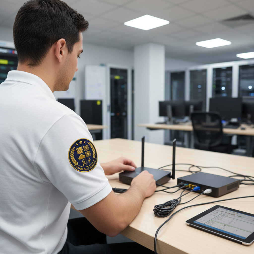 Technician testing internet circuit speed and signal quality