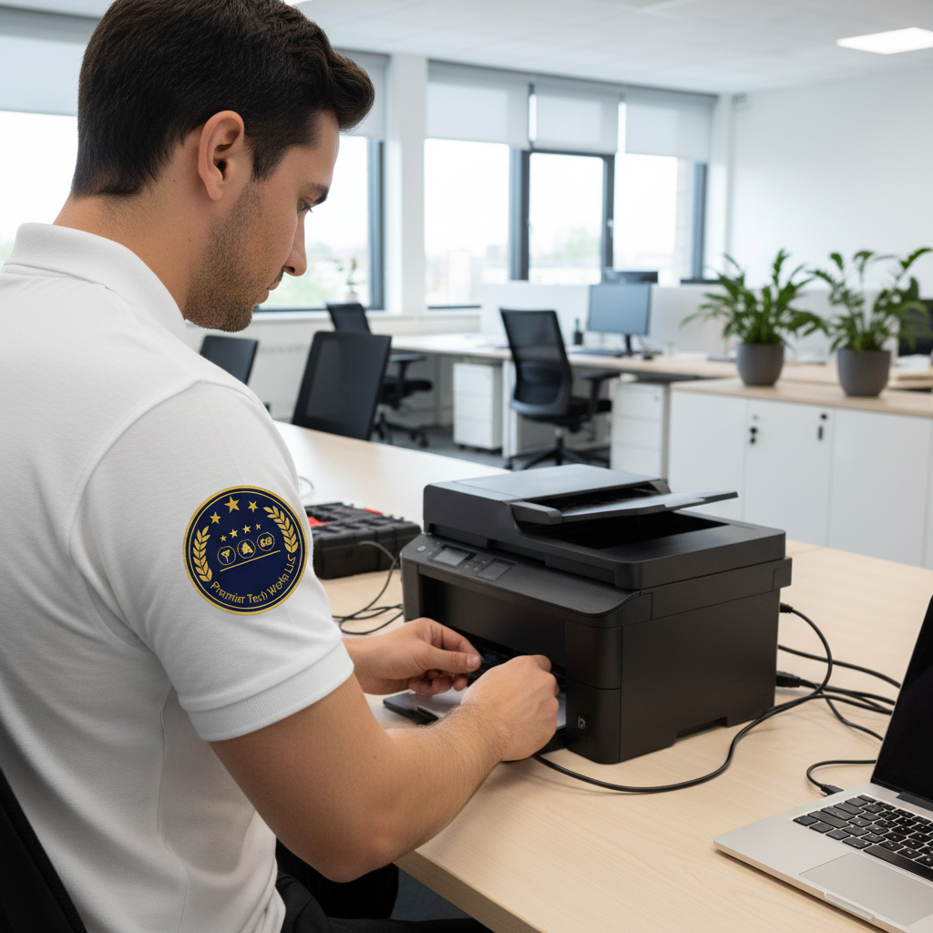 Technician installing and configuring a printer in an office
