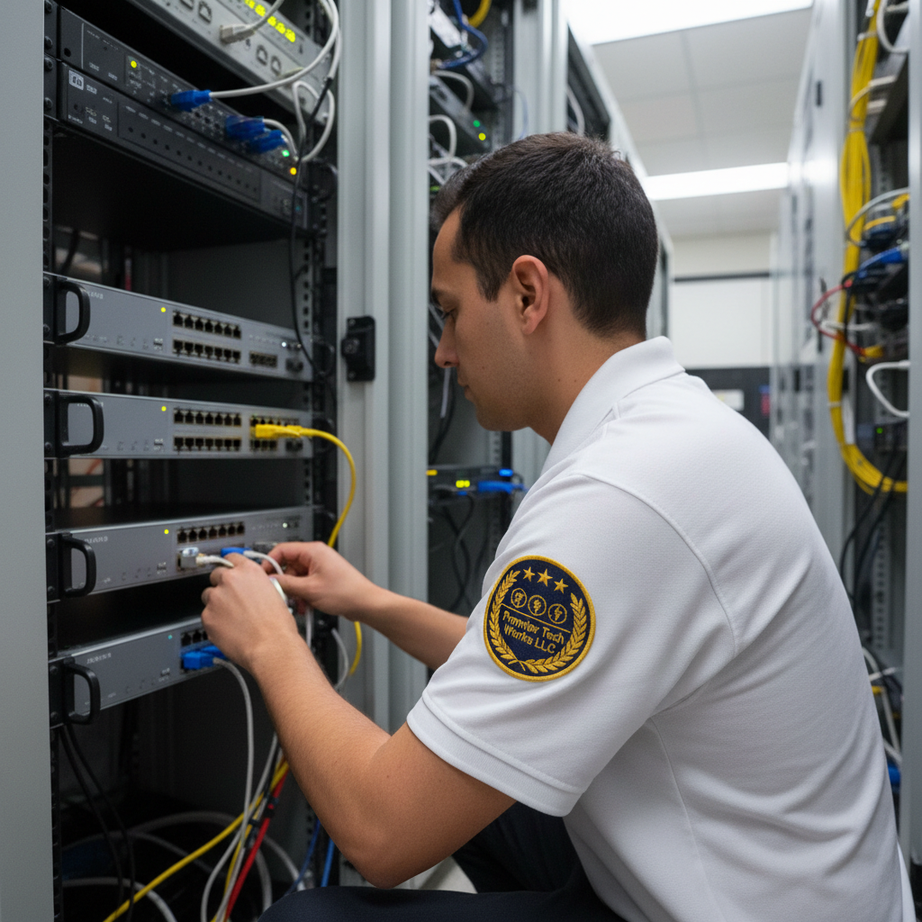 Technician installing redundant internet failover system with battery backup