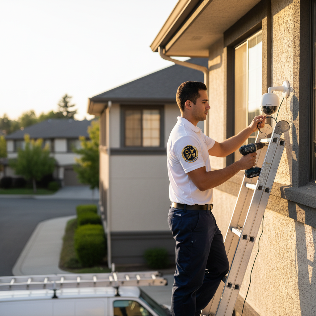 Technician on a ladder installing a security surveillance camera